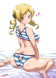 Rule 34 | 10s, 1girl, bikini, blonde hair, breasts, charlotte (madoka magica), drill hair, from behind, joy ride, large breasts, long hair, looking back, mahou shoujo madoka magica, mahou shoujo madoka magica (anime), sitting, skindentation, smile, solo, swimsuit, tomoe mami, twin drills, twintails, underboob, wariza, yellow eyes