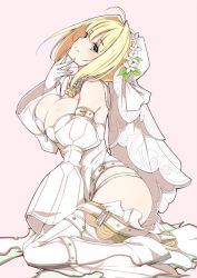 Rule 34 | 10s, 1girl, ahoge, arm strap, arm support, ass, bare shoulders, belt, belt skirt, between legs, blonde hair, blush, breasts, bridal veil, buckle, bun cover, bursting breasts, chain, cleavage, closed mouth, detached collar, detached sleeves, dress, fate/extra, fate/extra ccc, fate (series), flower, flower wreath, from side, full body, garter belt, gloves, green eyes, hair flower, hair intakes, hair ornament, hand between legs, hand on own chin, hand up, head tilt, head wreath, high heels, kneeling, large breasts, laurel crown, leotard, light smile, lock, long hair, long sleeves, looking at viewer, looking up, mutou kurihito, nero claudius (bride) (fate), nero claudius (bride) (second ascension) (fate), nero claudius (fate), nero claudius (fate) (all), padlock, pink background, puffy detached sleeves, puffy sleeves, ribbon, short hair with long locks, sidelocks, simple background, sitting, smile, solo, strapless, strapless leotard, studded belt, thigh strap, veil, waist cape, wariza, white dress, white flower, white gloves, white legwear, white leotard, white ribbon, wide sleeves, zipper, zipper pull tab