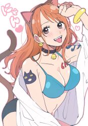 Rule 34 | 1girl, animal ears, bare shoulders, bell, bikini, bikini top only, blush, bracelet, breasts, brown eyes, cat day, cat earrings, cat ears, cat tail, chiya op, choker, cleavage, commentary request, earrings, fang, hand up, heart, highres, jewelry, jingle bell, large breasts, long hair, looking at viewer, midriff, nami (one piece), neck bell, one piece, open mouth, orange hair, paw pose, short shorts, shorts, shoulder tattoo, single sidelock, solo, swimsuit, tail, tattoo, teeth, tongue, tongue out, upper teeth only, white background
