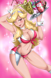 Rule 34 | 10s, 1girl, ;d, armpits, arms up, ass cutout, bad anatomy, blonde hair, blush, boobies uniform, boots, breasts, brown eyes, butt crack, can, choker, cleavage, clothing cutout, cocktail umbrella, crop top, cuffs, cup, drink, drinking straw, earrings, eyeshadow, fingernails, flipped hair, food, front-tie top, fruit, gradient background, hairband, heart, heart cutout, highres, holding, holster, honey (space dandy), jewelry, knee boots, large breasts, leaf, leaning forward, lemon, lipstick, long fingernails, long hair, makeup, midriff, nail polish, navel, olive, one eye closed, open mouth, pink background, red eyes, shadman, short shorts, shorts, shrimp, smile, solo, space dandy, sparkle, spilling, star (symbol), star earrings, swept bangs, thighs, toned, toothpick, tray, very long hair, waitress, wavy hair, wrist cuffs