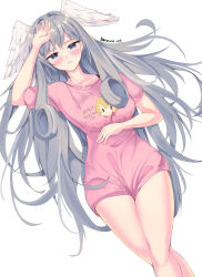 Rule 34 | 1girl, alternate costume, blue eyes, blush, breasts, casual, collarbone, crossed legs, feet out of frame, female focus, grey hair, grin, half-closed eyes, head wings, highres, large breasts, legs together, long hair, looking at viewer, lying, melia antiqua, on back, revvie, simple background, smile, solo, very long hair, white background, wings, xenoblade chronicles (series), xenoblade chronicles 3