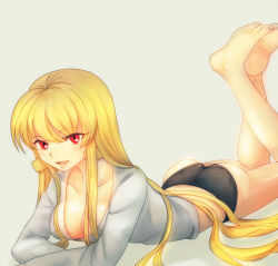 Rule 34 | 1girl, ass, barefoot, blonde hair, breasts, casual, earrings, fate/stay night, fate/zero, fate (series), feet, gender request, genderswap, gilgamesh (fate), gilgamesh-ko, jewelry, large breasts, long hair, lying, necklace, on stomach, panties, red eyes, shokotto, underwear