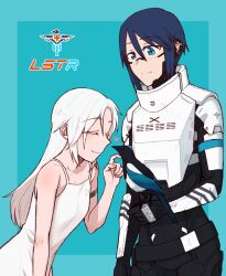 Rule 34 | 2girls, android, ariane yeong, bird, blue eyes, breasts, closed eyes, dress, elster (signalis), joints, long hair, metal skin, multiple girls, robot joints, science fiction, short hair, signalis, simple background, small breasts, smile, torinone, white hair, yuri