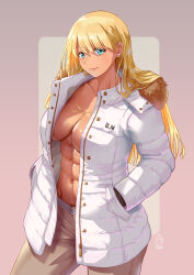 Rule 34 | 1girl, abs, becky montanari, blonde hair, breasts, closed mouth, dark skin, earrings, fur-trimmed jacket, fur trim, ge xi, hair between eyes, hand in pocket, highres, jacket, jewelry, large breasts, long hair, long sleeves, looking at viewer, muscular, muscular female, navel, open clothes, open jacket, smile, white jacket, witches in 7th base