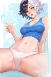 1girl black_hair blue_eyes blue_nails blue_tank_top breasts covered_erect_nipples crop_top cryokinesis earrings heterochromia highres ice jewelry lips luna_snow marvel marvel_rivals medium_breasts multicolored_hair navel panties parted_lips patreon_username prywinko red_eyes solo split-color_hair spread_legs tank_top thighhighs two-tone_hair underwear white_hair white_panties