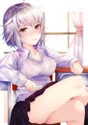Rule 34 | 1girl, black skirt, blush, breast pocket, chair, classroom, commentary request, curtains, desk, dress shirt, fate/grand order, fate (series), highres, indoors, jeanne d&#039;arc (fate), jeanne d&#039;arc alter (avenger) (fate), jeanne d&#039;arc alter (fate), crossed legs, long sleeves, looking at viewer, panties, pantyshot, pocket, rouka (akatyann), school, school desk, shirt, short hair, silver hair, sitting, skirt, solo, thighs, underwear, white shirt, window, yellow eyes