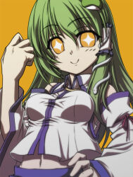 1girl bare_shoulders blue_skirt blush_stickers breasts c: clenched_hand collared_shirt commentary_request detached_sleeves elehime frog_hair_ornament from_below green_hair hair_ornament hair_tubes hand_on_own_hip kochiya_sanae large_breasts long_hair long_sleeves looking_at_viewer navel orange_background shirt simple_background single_hair_tube single_sidelock skirt skirt_set sleeve_bow sleeve_ribbon sleeveless sleeveless_shirt smile snake_hair_ornament solo sparkle sparkling_eyes stomach touhou upper_body wide_sleeves wing_collar yellow_eyes