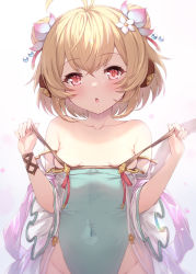 Rule 34 | 1girl, ahoge, andira (granblue fantasy), animal ears, aqua one-piece swimsuit, bare shoulders, blonde hair, blush, bracelet, breast press, breasts, collarbone, covered navel, crossed bangs, detached sleeves, dot nose, double bun, flower, granblue fantasy, hair bun, hair flower, hair ornament, head tilt, highleg, highres, jewelry, kimblee, looking at viewer, medium hair, monkey ears, one-piece swimsuit, parted lips, red eyes, revision, small breasts, solo, strap pull, swimsuit, tail, upper body, white background, wide sleeves