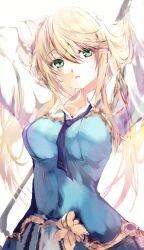 Rule 34 | 1girl, agulo, arms behind head, blonde hair, breasts, collared shirt, dress, green eyes, highres, long hair, looking at viewer, medium breasts, necktie, rance (series), rance ix, sheila helman, shirt, simple background, solo, white background