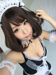 Rule 34 | 1girl, apron, asian, bare shoulders, bra strap, breasts, brown eyes, brown hair, cleavage, cosplay, dress, itsuki akira, lips, looking at viewer, maid, maid apron, maid headdress, mole, mole on breast, photo (medium), smile, solo, upper body