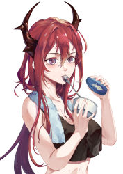 Rule 34 | 1girl, absurdres, arknights, bare arms, bare shoulders, black tank top, breasts, chinese commentary, commentary request, crop top, crop top overhang, cy9, hair between eyes, hair intakes, highres, holding, horns, long hair, looking at viewer, medium breasts, midriff, mouth hold, purple eyes, red hair, simple background, solo, spoon, surtr (arknights), tank top, towel, towel around neck, upper body, white background