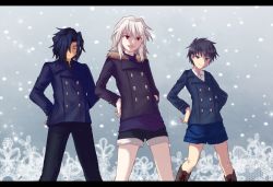 Rule 34 | 00s, 3boys, black hair, blue eyes, blue hair, boots, buttons, coat, double-breasted, fangs, fur trim, hair over one eye, hands on own hips, kishima kouma, letterboxed, male focus, melty blood, multiple boys, nanaya shiki, open mouth, red eyes, short hair, shorts, smile, snowing, sora (yukimi shiro), tohno shiki, tohno shiki (2), tsukihime, white hair, winter clothes