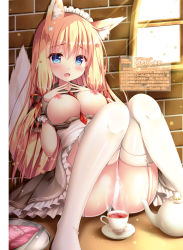 Rule 34 | 1girl, :d, animal ear fluff, animal ears, ass, between breasts, black skirt, blonde hair, blue eyes, blush, breasts, breasts out, brick wall, cleavage, convenient censoring, cup, dengeki moeou, fang, fox ears, fox tail, garter straps, hair ribbon, headdress, highres, knees up, large breasts, long hair, looking at viewer, miniskirt, necktie, nipples, no panties, no shoes, open mouth, red necktie, ribbon, saucer, scan, short sleeves, sitting, skirt, smile, solo, steam, steam censor, steepled fingers, suzukawa yui, tail, teacup, teapot, thighhighs, tray, very long hair, white thighhighs, wrist cuffs