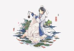 Rule 34 | 1girl, absurdres, anata no utahime (lzr13708949567), animal, barefoot, black hair, blush, chinese clothes, chinese text, closed mouth, dress, duijin ruqun, earrings, fish, flower, flute, full body, hair ornament, hanfu, highres, holding, instrument, jewelry, knee up, koi, lantern, lily pad, long sleeves, looking at viewer, lotus, nail polish, petals, plant, pond, see-through, simple background, sitting, sleeves past wrists, smile, solo, tassel, veil, water, white background