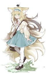 Rule 34 | 1girl, absurdres, animal ear fluff, animal ears, arknights, bag, black footwear, blonde hair, blue skirt, blush, bow, bowtie, cardigan, fox ears, fox girl, fox tail, full body, grass, green eyes, hairband, haobuguniao, heixiu, highres, long hair, long sleeves, looking to the side, luo xiaohei zhanji, mary janes, multiple tails, official alternate costume, pantyhose, red bow, red bowtie, shirt, shoes, simple background, skirt, solo focus, suzuran (arknights), tail, white background, white pantyhose, white shirt, yellow cardigan
