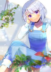 Rule 34 | 1girl, blurry, blurry background, blurry foreground, closed mouth, collarbone, commentary request, commission, depth of field, feet out of frame, grey hair, hair between eyes, hand up, head tilt, knees up, kou hiyoyo, long sleeves, looking at viewer, original, overalls, plant, potted plant, puffy long sleeves, puffy sleeves, purple eyes, shirt, short hair, skeb commission, smile, solo, white shirt