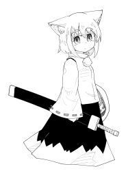 Rule 34 | 1girl, animal ear fluff, animal ears, black skirt, commentary request, cowboy shot, cropped legs, greyscale, highres, holding, holding shield, inubashiri momiji, kibisake, long sleeves, looking at viewer, monochrome, pom pom (clothes), shield, shirt, short hair, simple background, skirt, solo, sword, touhou, weapon, white background, white shirt, wide sleeves, wolf ears