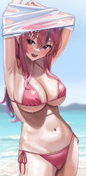 Rule 34 | 1girl, absurdres, azur lane, bikini, breasts, bremerton (azur lane), cleavage, highres, large breasts, looking at viewer, multicolored hair, open mouth, pink hair, shocho, smile, solo, streaked hair, swimsuit, wet