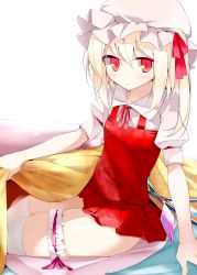 Rule 34 | 1girl, absurdres, blonde hair, blush, bridal garter, female focus, flandre scarlet, hair ribbon, hat, highres, kotatsu, oouso, parted lips, puffy sleeves, red eyes, ribbon, scan, side ponytail, sitting, skindentation, slit pupils, solo, table, thighhighs, touhou, white thighhighs, wings