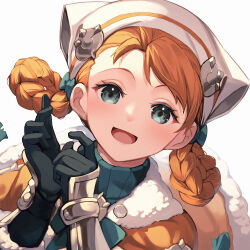 Rule 34 | 1girl, :d, annette fantine dominic, annette fantine dominic (winter), black gloves, braided hair rings, commentary request, fire emblem, fire emblem: three houses, fire emblem heroes, fur trim, gloves, grey eyes, hands up, highres, looking at viewer, nakabayashi zun, nintendo, official alternate costume, official alternate hairstyle, open mouth, orange hair, portrait, short hair, simple background, smile, solo, turtleneck, white background, white headwear, winter clothes