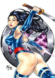 Rule 34 | 1girl, artist request, ass, ass focus, black hair, black leotard, breasts, butt crack, energy sword, floating hair, highleg, highleg leotard, highres, holding, holding weapon, impossible clothes, impossible leotard, jumping, katana, large breasts, legs apart, leotard, lips, long hair, looking at viewer, looking back, marvel, painting (medium), psylocke, red sash, sash, shiny skin, skindentation, smile, solo, standing, sword, thong leotard, traditional media, very long hair, watercolor (medium), weapon, x-men