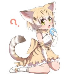 Rule 34 | 10s, 1girl, animal ears, back bow, bare shoulders, blonde hair, blush, bow, bowtie, cat ears, cat tail, commentary request, eating, elbow gloves, food, frilled skirt, frills, gloves, highres, japari bun, kemono friends, multicolored hair, ransusan, sand cat (kemono friends), short hair, sitting, skirt, socks, solo, tail, vest, wariza