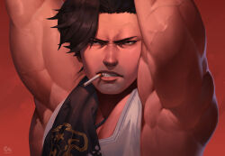 Rule 34 | 1boy, bara, black bulls (emblem), black capelet, black clover, black hair, capelet, cigarette, close-up, facial hair, frown, highres, incoming attack, large pectorals, looking at viewer, male focus, mature male, milicraft psd, muscular, muscular male, pectorals, serious, short hair, solo, stubble, tank top, torn capelet, torn clothes, triceps, upper body, veins, veiny arms, white tank top, yami sukehiro