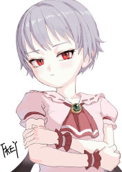 Rule 34 | 1girl, alternate hair length, alternate hairstyle, artist name, ascot, bat wings, blue hair, blush, brooch, chinese commentary, collarbone, commentary request, crossed arms, dress, fkey, frilled shirt collar, frills, head tilt, highres, jewelry, looking at viewer, pink dress, puffy short sleeves, puffy sleeves, red ascot, red eyes, remilia scarlet, short hair, short sleeves, simple background, solo, touhou, upper body, very short hair, white background, wings, wrist cuffs