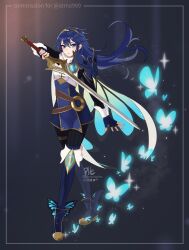 Rule 34 | 1girl, absurdres, almostphe, alternate costume, armor, blue eyes, blue hair, bug, butterfly, butterfly wings, cape, crossover, falchion (fire emblem), fingerless gloves, fire emblem, fire emblem awakening, genshin impact, gloves, hair between eyes, highres, holding, insect, insect wings, long hair, looking at viewer, lucina (fire emblem), nintendo, shoulder armor, solo, sword, tiara, twitter username, vision (genshin impact), weapon, wings