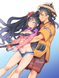 Rule 34 | 1boy, 1girl, bad id, bad pixiv id, bikini, black bikini, black bow, black hair, blue background, blue shorts, blush, bow, breasts, brown eyes, brown headwear, brown shorts, cleavage, couple, denim, denim shorts, fishing, fishing rod, floating hair, flower, folks (nabokof), gradient background, groin, hair flower, hair ornament, hat, hat bow, heterochromia, holding rod, long hair, medium breasts, micro shorts, navel, official alternate costume, open clothes, open mouth, open shorts, orange shirt, pink shirt, print shorts, red eyes, red flower, rokurou rangetsu, shirt, short sleeves, shorts, slit pupils, swimsuit, tales of (series), tales of berseria, tied shirt, velvet crowe, very long hair, white background, yellow eyes