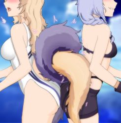 Rule 34 | 2girls, arknights, ass-to-ass, bare shoulders, bikini, black bikini, black shorts, blonde hair, blue background, braid, breasts, clothing cutout, cowboy shot, head out of frame, highres, intertwined tails, long hair, medium breasts, multiple girls, nearl (arknights), nearl (shimmering dew) (arknights), official alternate costume, one-piece swimsuit, open mouth, provence (arknights), provence (casual vacation) (arknights), purple hair, redash, shorts, swimsuit, tail, tail through clothes, uncommon stimulation, white one-piece swimsuit