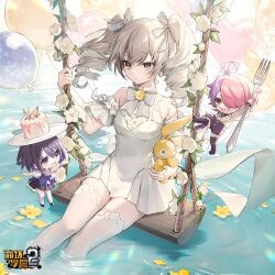 Rule 34 | 3girls, absurdres, ahoge, arm up, balloon, bare shoulders, benghuai xueyuan, birthday cake, bow, bowtie, breasts, bronya zaychik, cake, chestnut mouth, chibi, collar, crossed bangs, detached sleeves, dress, drill hair, food, frilled collar, frills, grey eyes, grey hair, hair between eyes, hair bow, highres, homu (honkai impact), honkai (series), jewelry, looking down, multiple girls, official art, parted lips, pink hair, purple eyes, purple hair, ring, seele vollerei, short hair, short sleeves, sin mal, sitting, small breasts, smile, striped clothes, striped thighhighs, thighhighs, twin drills, twintails, vertical-striped clothes, vertical-striped thighhighs, water, wet, white bow, white bowtie, white dress, white thighhighs, yellow eyes