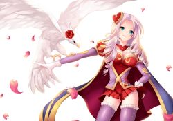 Rule 34 | 1girl, animal on arm, ashe (league of legends), bird, bird on arm, breasts, cape, cowboy shot, curly hair, flower, gloves, hair ornament, hamifr, hand on own hip, heart, heart hair ornament, heartseeker ashe, highres, league of legends, long hair, long sleeves, looking up, miniskirt, panties, parted bangs, petals, rose, rose petals, simple background, skirt, smile, smirk, solo, thighhighs, underwear, white background, white gloves, white hair, zettai ryouiki