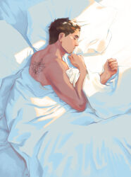 Rule 34 | 1boy, back tattoo, bara, closed eyes, dark-skinned male, dark skin, facial hair, goatee stubble, lying, male focus, nude, on bed, on side, original, pillow, short hair, sleeping, solo, stubble, sunlight, tattoo, the-efaf-draws, thick eyebrows, toned, toned male, under covers, upper body