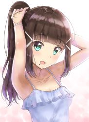 Rule 34 | 1girl, :d, armpits, arms up, bare arms, bare shoulders, blue camisole, blunt bangs, blush, breasts, brown hair, bunching hair, camisole, cleavage, collarbone, commentary request, green eyes, hair ornament, hairclip, head tilt, high ponytail, highres, kurosawa dia, long hair, love live!, love live! school idol festival, love live! sunshine!!, mole, mole under mouth, open mouth, ponytail, sidelocks, sin (sin52y), small breasts, smile, solo, upper body, white background