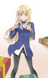 Rule 34 | 1girl, amai nekuta, black pantyhose, blonde hair, blush, box, crotch seam, flying sweatdrops, gift, gift box, glasses, highres, long hair, looking at viewer, military, military uniform, open mouth, panties, panties under pantyhose, pantyhose, perrine h. clostermann, pov, solo focus, strike witches, underwear, uniform, world witches series, yellow eyes