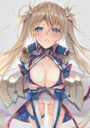 Rule 34 | 1girl, armor, blonde hair, blue eyes, blush, bradamante (fate), bradamante (second ascension) (fate), braid, breasts, cleavage, coat, collarbone, criss-cross halter, crown braid, elbow gloves, epaulettes, fate/grand order, fate (series), faulds, gloves, grey background, hair between eyes, halterneck, highleg, highleg leotard, inoue takuya (tactactak), large breasts, leaning forward, leotard, long hair, looking at viewer, open mouth, simple background, smile, solo, thigh strap, thighs, twintails, very long hair, white coat, white leotard