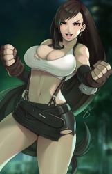 Rule 34 | 1girl, artist name, belt, black belt, black skirt, breasts, brown gloves, brown hair, cleavage, clenched hands, commentary, crop top, dated, earrings, final fantasy, final fantasy vii, fingerless gloves, gloves, highres, its just suppi, jewelry, large breasts, long hair, looking at viewer, midriff, miniskirt, navel, open mouth, pencil skirt, red eyes, shirt, signature, skirt, solo, square enix, standing, stomach, suspender skirt, suspenders, swept bangs, symbol-only commentary, tank top, taut clothes, taut shirt, teeth, thighs, tifa lockhart, torn clothes, torn skirt, v-shaped eyebrows, very long hair, white shirt