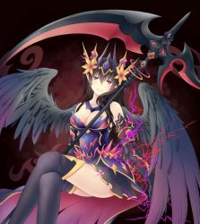 Rule 34 | 1girl, armor, black hair, black wings, crown, dogg023, earrings, electricity, gauntlets, highres, jewelry, long hair, persephone (p&amp;d), pointy ears, purple eyes, puzzle &amp; dragons, scythe, smile, solo, thighhighs, wings, zettai ryouiki