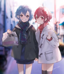 Rule 34 | 1boy, 1girl, bag, black thighhighs, blue eyes, blue hair, blue scarf, braid, closed mouth, coat, dorothy west, green coat, hair between eyes, highres, holding, holding bag, holding hands, reona west, looking at viewer, machico maki, pink eyes, pink hair, pink sweater, pretty series, pripara, ribbed sweater, scarf, short hair, signature, single braid, smile, sweater, thighhighs, waving, white coat, winter clothes