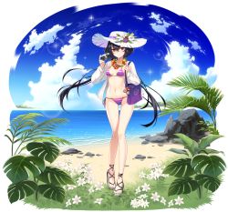 Rule 34 | 1girl, absurdres, alpha transparency, bag, bare legs, beach, bikini, black hair, breasts, camera, cloud, counter:side, downscaled, floating hair, flower, flower necklace, full body, hair between eyes, hand up, hat, hat flower, highres, holding, huge filesize, jacket, jewelry, lily (counter:side), long hair, long sleeves, looking at viewer, low twintails, lycoris (counter:side), medium breasts, mone (counter:side), nail polish, navel, necklace, ocean, official alternate costume, official art, open clothes, open jacket, purple bikini, red eyes, resized, sandals, shoulder bag, side-tie bikini bottom, smile, solo, standing, stomach, string bikini, sun hat, swimsuit, thigh gap, thighs, transparent background, twintails, veronica (counter:side), very long hair, white hat, white jacket