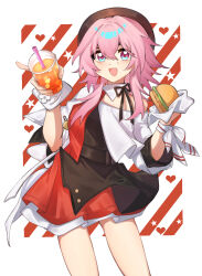 Rule 34 | 1girl, :d, belt, beret, blue eyes, border, brown hat, burger, chinese commentary, commentary request, cowboy shot, cup, disposable cup, dress, drink, earrings, food, hair between eyes, hands up, hat, heart, high belt, highres, holding, holding drink, holding food, honkai: star rail, honkai (series), jewelry, layered dress, light blush, looking at viewer, march 7th (honkai: star rail), march 7th (kfc) (honkai: star rail), medium hair, open mouth, outside border, partial commentary, pink eyes, pink hair, short dress, single bare shoulder, single earring, smile, solo, star (symbol), suiyuyan, two-tone eyes, white border