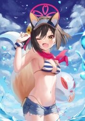 Rule 34 | 1girl, absurdres, animal ears, ball, beachball, black hair, blue archive, blue shorts, blush, breasts, cowboy shot, day, denim, denim shorts, fox ears, fox tail, groin, hair between eyes, halo, highres, holding, holding ball, holding beachball, izuna (blue archive), izuna (swimsuit) (blue archive), matcha (user yyss8744), navel, ocean, official alternate costume, one eye closed, open mouth, outdoors, pink halo, red scarf, scarf, short hair, shorts, small breasts, solo, tail, water, yellow eyes
