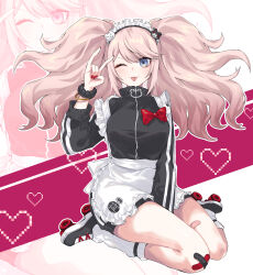 Rule 34 | 1girl, ;p, absurdres, alternate costume, apron, bear hair ornament, black jacket, blonde hair, blue eyes, bow, breasts, commentary request, danganronpa: trigger happy havoc, danganronpa (series), enoshima junko, hair ornament, hand up, heart, highres, hy (fjvlg), jacket, jersey maid, korean commentary, large breasts, long hair, looking at viewer, maid, nail polish, one eye closed, red bow, red nails, roller skates, scrunchie, skates, smile, tongue, tongue out, twintails, unconventional maid, waist apron, wrist scrunchie, zoom layer