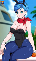 Rule 34 | 10s, 1girl, absurdres, angry, animal ears, areola slip, bare arms, bare shoulders, blue eyes, blue hair, blue pantyhose, breasts, bulma, cleavage, covered erect nipples, crossed legs, curvy, dragon ball, dragon ball super, fake animal ears, female focus, hand on own knee, highres, hip focus, kyoffie, large breasts, leotard, pantyhose, playboy bunny, rabbit ears, rabbit girl, rabbit tail, scarf, short hair, solo, tail, thick thighs, thighs, wide hips, wrist cuffs