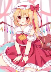 Rule 34 | 1girl, :d, ai 1003, ascot, between legs, blonde hair, blurry, blurry background, blush, bow, brown eyes, commentary request, crystal, depth of field, detached sleeves, fang, flandre scarlet, frilled sailor collar, frilled skirt, frills, hair between eyes, hand between legs, hat, highres, long hair, looking at viewer, mob cap, one side up, open mouth, orange ascot, puffy short sleeves, puffy sleeves, red bow, red skirt, red vest, sailor collar, shirt, short sleeves, sidelocks, skirt, sleeveless, sleeveless shirt, smile, solo, stuffed animal, stuffed toy, teddy bear, thighhighs, touhou, vest, white hat, white sailor collar, white shirt, white sleeves, white thighhighs, wings, wrist cuffs