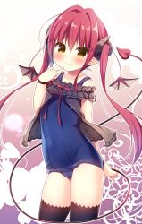 Rule 34 | 1girl, bare shoulders, black thighhighs, blue one-piece swimsuit, blush, closed mouth, collarbone, commentary request, covered navel, cropped legs, curled horns, demon girl, demon horns, demon tail, demon wings, detached wings, grey wings, hair between eyes, hair ornament, hanamiya natsuka, hand up, highres, horns, long hair, looking at viewer, old school swimsuit, one-piece swimsuit, original, red hair, school swimsuit, sidelocks, smile, solo, swimsuit, tail, tail raised, thighhighs, twintails, very long hair, wings, x hair ornament, yellow eyes