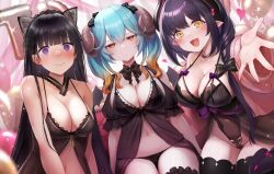 Rule 34 | 3girls, @ @, aqua hair, babydoll, balloon, black babydoll, black bow, black hair, black panties, black thighhighs, blunt bangs, blush, bow, breasts, character request, cleavage, closed mouth, confetti, curled horns, hair bow, heart, horns, kai (ootamuno12), large breasts, long hair, looking at viewer, medium breasts, mole, mole under eye, monster musume td, multicolored hair, multiple girls, open mouth, orange eyes, orange hair, oshiro project:re, panties, pointy ears, purple eyes, sennen sensou aigis, sitting, sweat, tears, thighhighs, underwear, very long hair, yellow eyes
