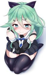 Rule 34 | 10s, 1girl, aqua hair, between breasts, between legs, black ribbon, black skirt, black thighhighs, blue neckerchief, blush, breasts, closed mouth, commentary request, detached sleeves, eyebrows, hair between eyes, hair flaps, hair ornament, hair ribbon, hairclip, hand between legs, have to pee, kantai collection, long hair, looking at viewer, looking up, neckerchief, pleated skirt, ponytail, ribbon, school uniform, serafuku, sitting, skirt, small breasts, solo, thighhighs, wariza, wavy mouth, yamakaze (kancolle), yottin