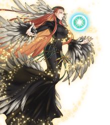 Rule 34 | 1girl, ashera (fire emblem), black dress, breasts, circlet, closed mouth, detached sleeves, dress, feather trim, feathers, fingernails, fire emblem, fire emblem: radiant dawn, fire emblem heroes, full body, gem, gradient clothes, hair ornament, highres, jewelry, kita senri, light particles, long dress, long hair, long sleeves, looking away, magic, medium breasts, nintendo, official art, red eyes, red hair, solo, transparent background, turtleneck, wide sleeves
